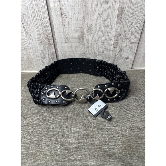 Metro 7 Womens S/M Black Stretch Belt With Silver Tone Metal Accents EMO Goth - Picture 2 of 8